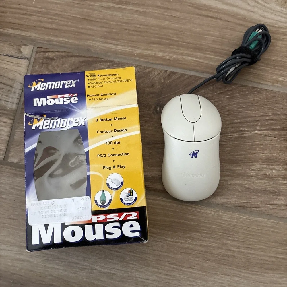 Memorex PS/2 Mouse, PC - Windows, 3 Button, 400 dpi, Plug & Play In Box Untested